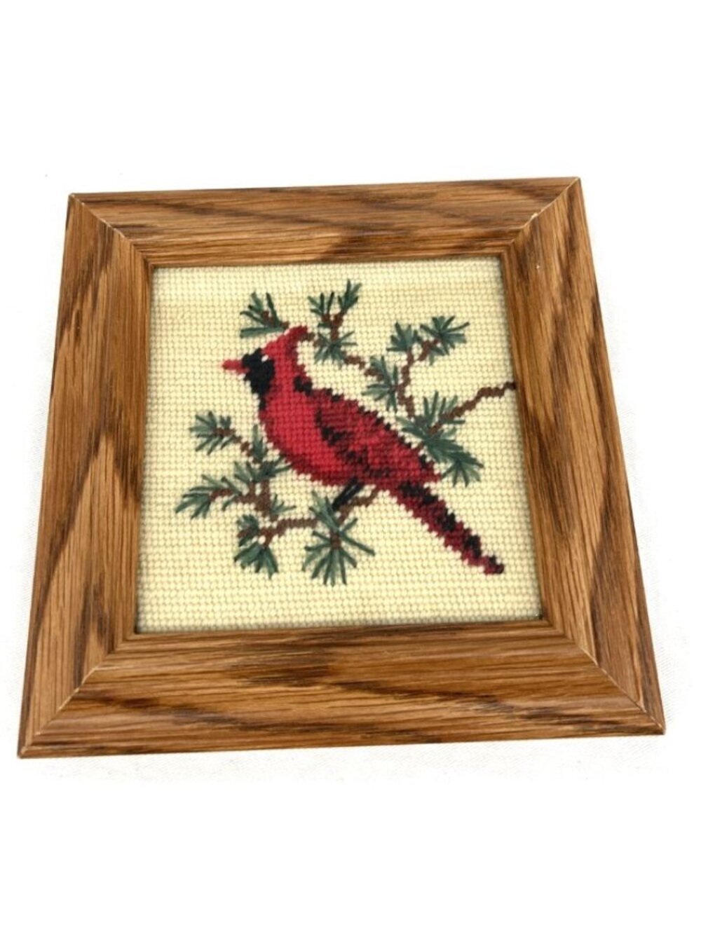 Needlepoint Red Bird Cardinal on Limb 7.25 x 7.25" Handmade Framed - Picture 1 of 7